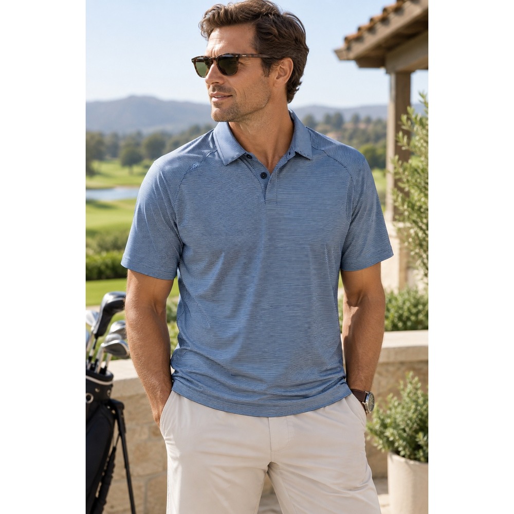 Rhone Commuter Stripe Performance Polo Mens L Blue Golf Stretch Shirt